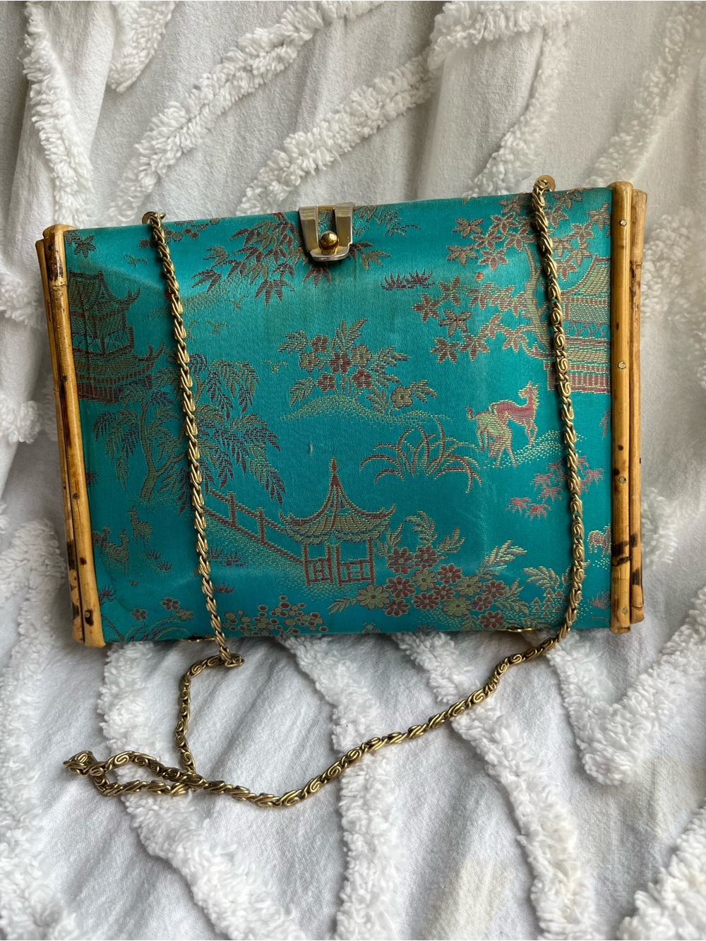Vintage Silk Brocade Teal Evening Clutch with Gold Chain and Bamboo Detail